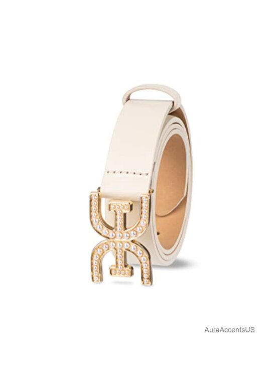 Sam Edelman Pearl Embellished Double-E Logo Plaque Buckle Leather Belt main image 4